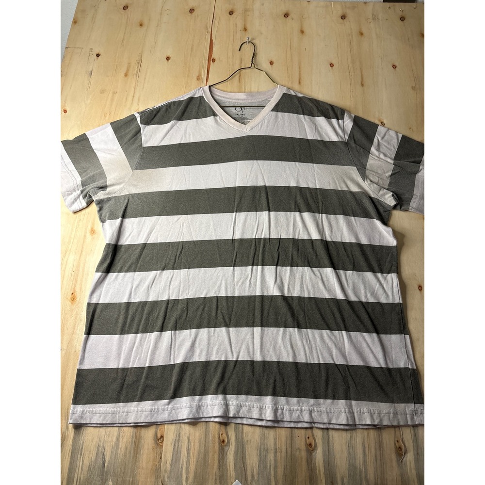 OP Ocean Pacific Mens 2XL V-Neck T-Shirt Gray White Striped Short Sleeve Tee